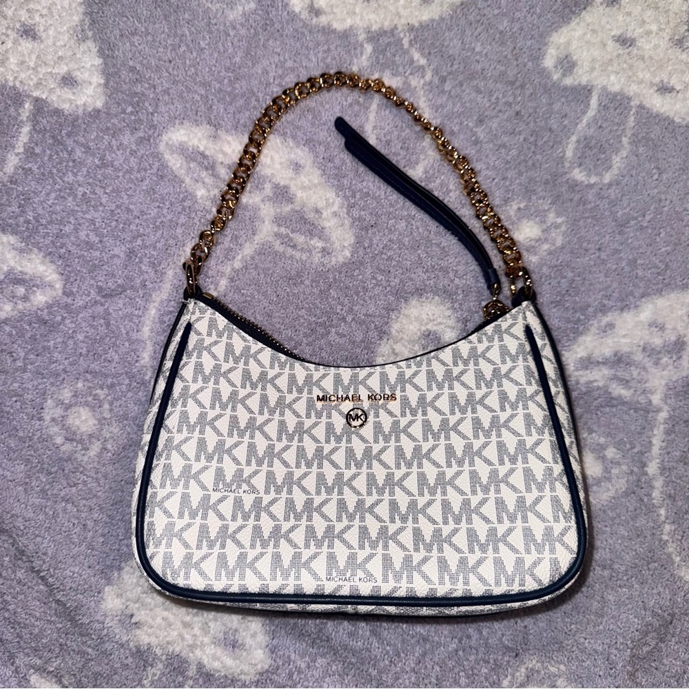 Michael Kors White and Blue Shoulder Bag with Monogram Design